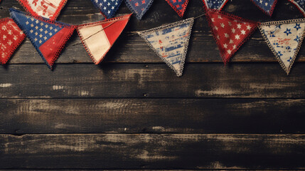 Fototapeta premium Patriotic American Themed Fourth of July Bunting Decoration Flat Lay - on Aged Black Wood Backdrop with Copy Space - 4th of July Crafts - Cloth in USA Red, White, and Blue Flag Colors - Generative AI