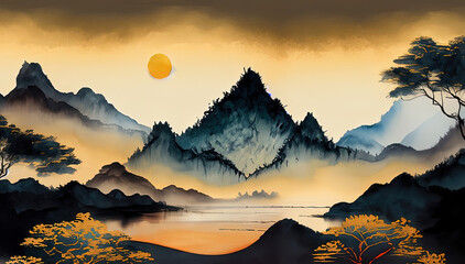 sunrise over the mountains in Japan - Created with Generative AI Technology
