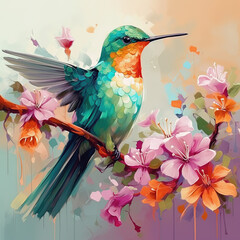 Long beak bird with flowers - Created with Generative AI Technology