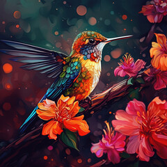 Long beak bird with flowers - Created with Generative AI Technology