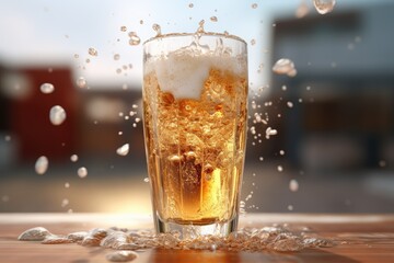 A glass of beer splashes on the table. Generative AI