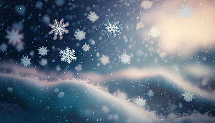 Fototapeta na wymiar A mesmerizing scene of snowflakes drifting in the wind, with soft colors and a dreamy atmosphere. Generative ai