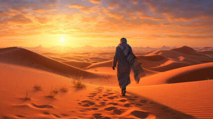 Fototapeta na wymiar A lone man walking through a vast desert landscape during the sunset. Generative ai