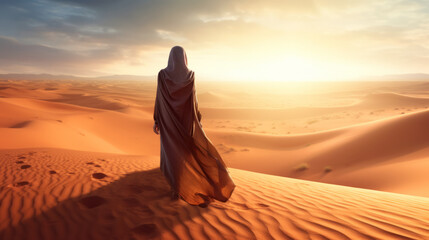 Fototapeta na wymiar A lone figure standing in the vast expanse of a desert landscape. Generative ai