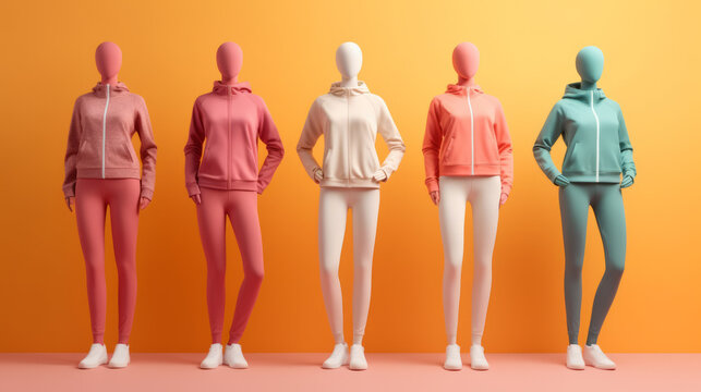Composition with sportswear on mannequin on pastel background. Trendy colorful sportswear. Fitness, sports concept. Advertising, studio product photography. Generative ai