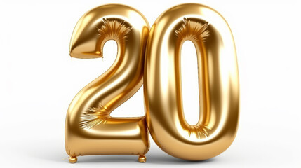 A shiny golden balloon in the shape of the number 20. Generative ai