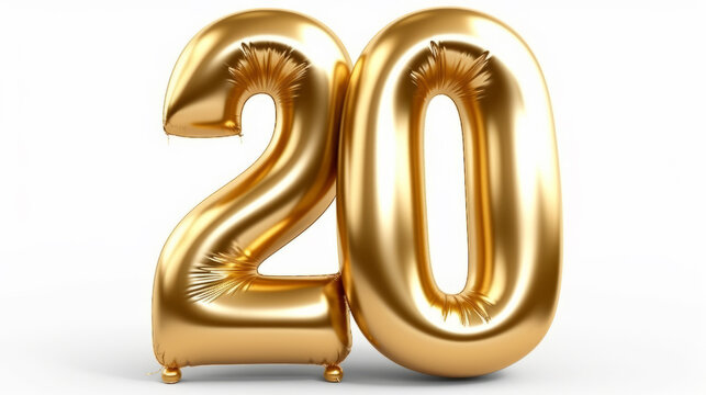 A shiny golden balloon in the shape of the number 20. Generative ai