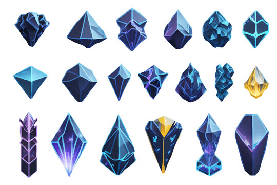 Crystal gems, vector gemstones and jewel icons. Isolated cartoon minerals, crystals and gemstones. Natural opal, emerald and diamond, ruby and topaz, quartz glass