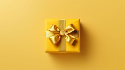 Obraz na płótnie Canvas A yellow gift box with a gold bow on a yellow background. Generative ai