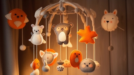 A baby crib with hanging stuffed animals. Generative ai - obrazy, fototapety, plakaty