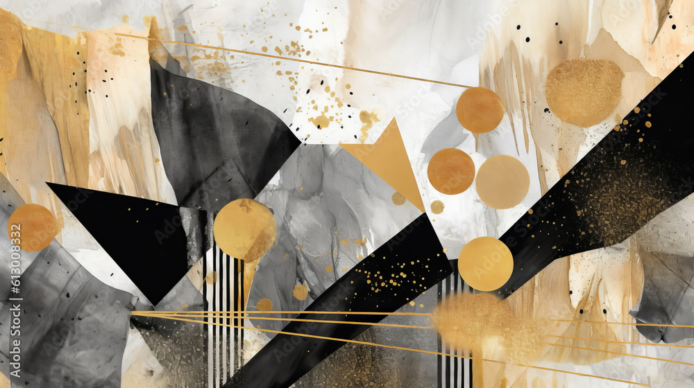 Poster an abstract painting with golden and black shapes. generative ai