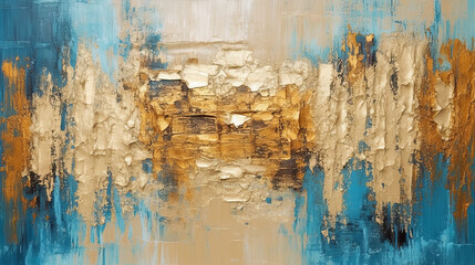 An abstract painting with dominant gold and blue colors. Generative ai