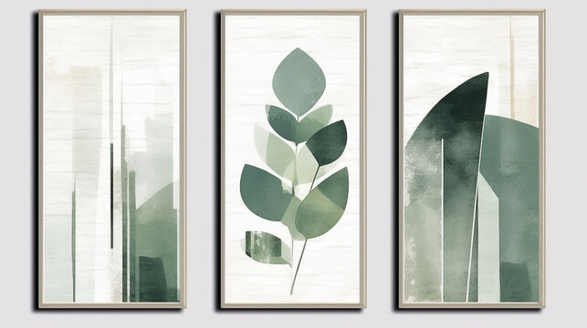 Three framed paintings featuring green leaves on a white wall. Generative ai