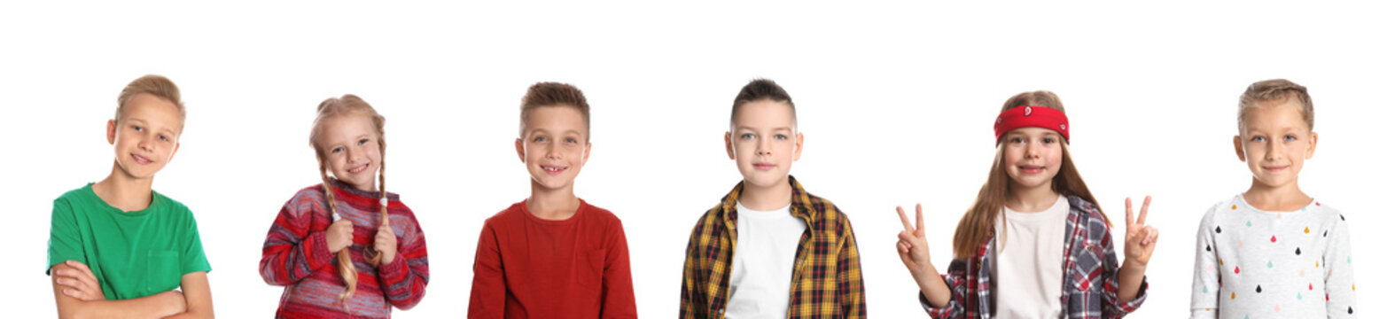Collage with photos of different cheerful children on white background