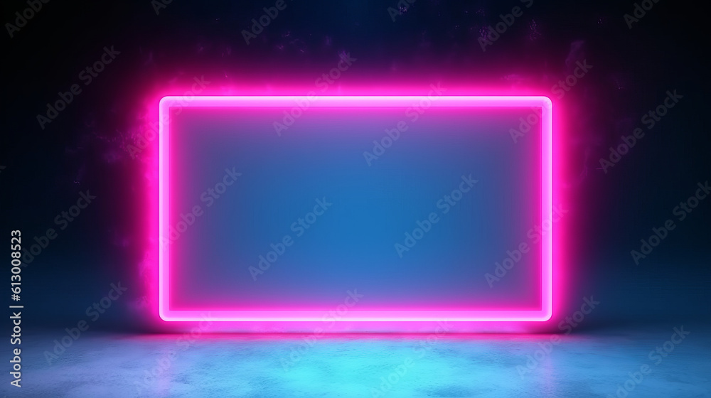 Poster a neon square sign on a dark background. generative ai