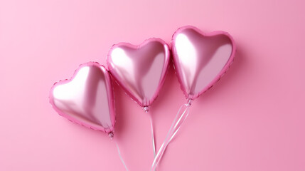 Three heart-shaped balloons on a pink background. Generative ai
