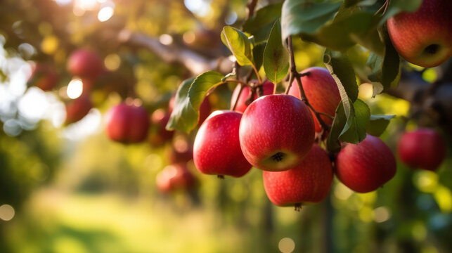 A vibrant tree bursting with ripe red apples. Generative ai