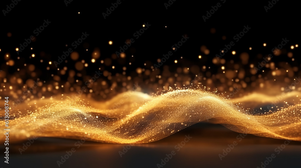 Poster a golden wave of light on a black background. generative ai