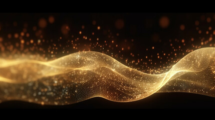 A glowing golden wave on a dark background. Generative ai