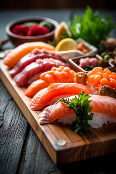 seafood japan sushi japanese food roll set fish rice meal. Generative AI.