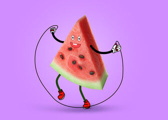 Creative artwork. Happy watermelon jumping rope. Slice of fruit with drawings on violet background