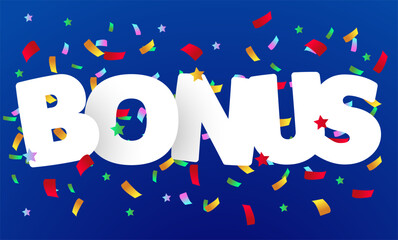 Word Bonus and falling colorful confetti on blue background, illustration