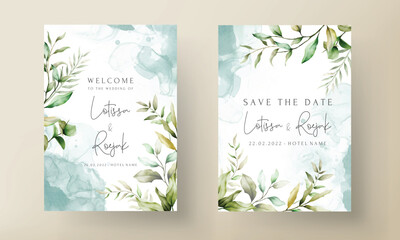 Fototapeta na wymiar elegant watercolor leaves invitation card set