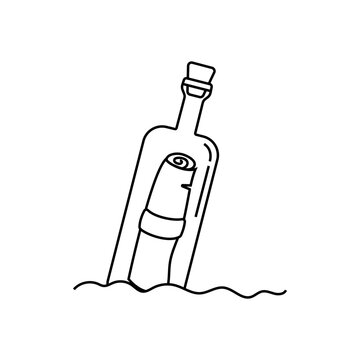 bottle with message in water icon over white background, line style, vector illustration