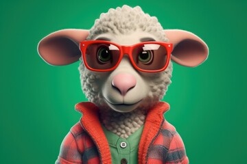 Anthropomorphic baby sheep dressed in human clothing. Humanized animal concept. AI generated, human enhanced