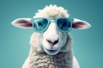 Obraz premium Funny cute sheep in sunglasses with happy emotion. AI generated, human enhanced