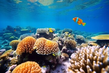 Fototapeta na wymiar Coral reefs on the seabed. AI generated, human enhanced.