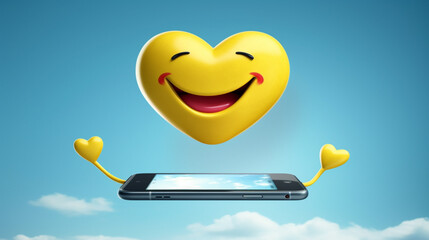 yellow emoticon fluttering around the smartphone on light blue sky background with soft clouds