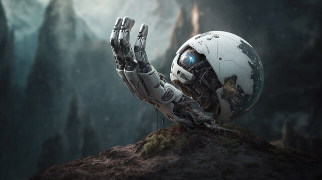 remnants or leftovers of outdated technology, on the ground in the soil ground earth, artificial intelligence in a destroyed environment and landscape,