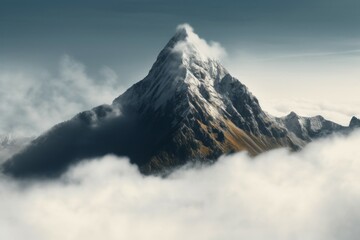 Mountain top surrounded by clouds. Climate change concept. AI generated, human enhanced.