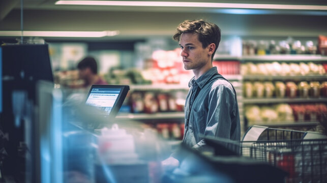 A Teenage Boy At An ATM In A Supermarket Or Store, Typical Teenager, Long Hair, Jacket, Unkempt Appearance And Confused Facial Expression