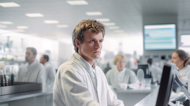 a caucasian young adult man in a science laboratory, scared facial expression, incomprehension or risk and danger, screens, men and women in white coats
