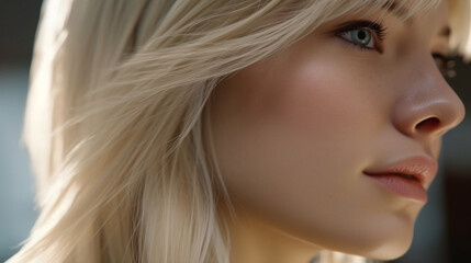 Naklejka premium caucasian blonde 20s 30s, close-up, side view, outdoors, fictional location