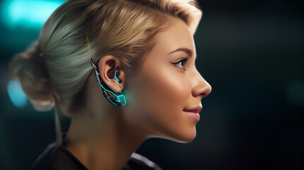 futuristic headset smartphone VR in-ear headset, caucasian blonde 20s 30s, close-up, side view, outdoors, fictional location