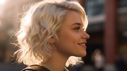 Fototapeta premium caucasian blonde 20s, close-up, side view, outdoors, fictional location
