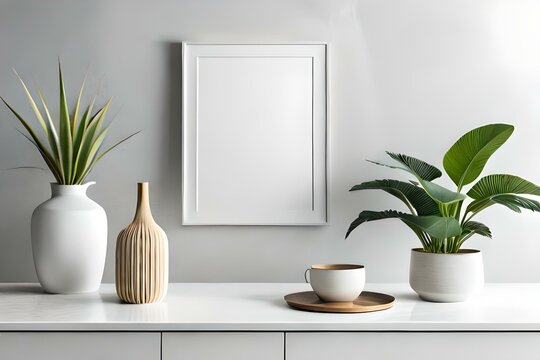 Blank picture frame with tropical plant and white interior isolated on white wall
