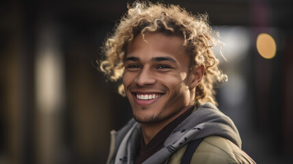 Young adult man, caucasian, blond colored short hair hairstyle, close-up, side view, outdoors, fictional location