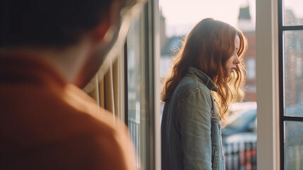 Obraz premium young adult man and woman, couple or friends, fictional problem, sad disappointed and afraid and expression with hopelessness