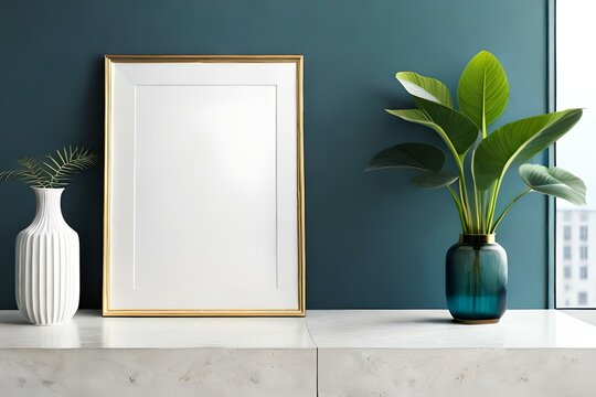 Gold picture frame mockup in the marble table and tropical plant with white interior isolated on blank wall with copy space