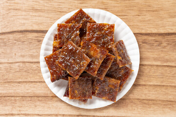top view dish of pork jerky