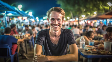 Fototapeta premium young caucasian man sits on a typical thai plastic chair with a small table, food from the food market, night market in the evening, typical local small street restaurants, beaming happily