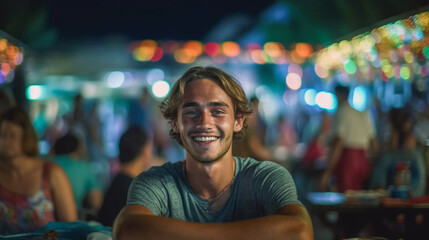 Fototapeta premium young caucasian man sits on a typical thai plastic chair with a small table, food from the food market, night market in the evening, typical local small street restaurants, beaming happily