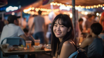 young asian thai woman sits on a typical thai plastic chair with a small table, food from the food market, night market in the evening, typical local small street restaurants, beaming happily
