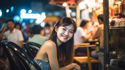 Fototapeta premium young asian thai woman sits on a typical thai plastic chair with a small table, food from the food market, night market in the evening, typical local small street restaurants, beaming happily