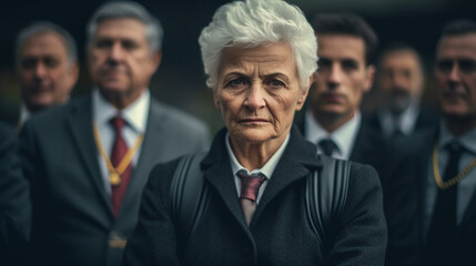 elderly grumpy woman with short hairstyle and gray hair, in coat and suit, group or team, bad mood or bad people, business and career