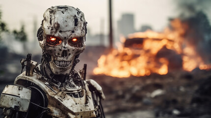 Plakat damaged robot, horror and evil war machine, humanoid android, artificial intelligence or AGI AI, in the background a destroyed city and landscape, war against versus humanity, fictional event